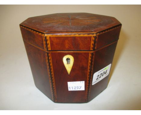 George III mahogany and chequer line inlaid octagonal tea caddy with  hinged cover