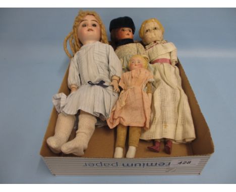 Group of four various late 19th / early 20th Century bisque headed and wax headed dolls (a/f)