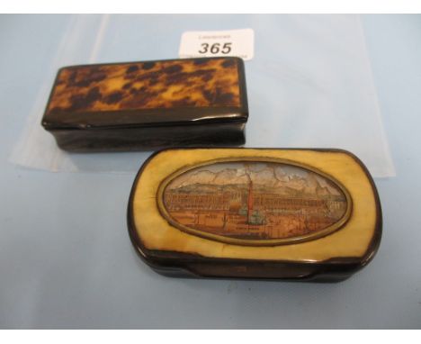 19th Century horn snuff box with oval inserted reverse picture on glass of town with distant mountains, inscribed Concorde an