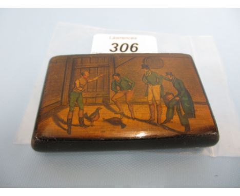 Early 19th Century rectangular pen work snuff box, the cover decorated with a cock fighting scene