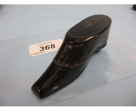 19th Century papier mache floral and pewter inlaid snuff box in the form of a ladies shoe, with hinged cover, 3ins long