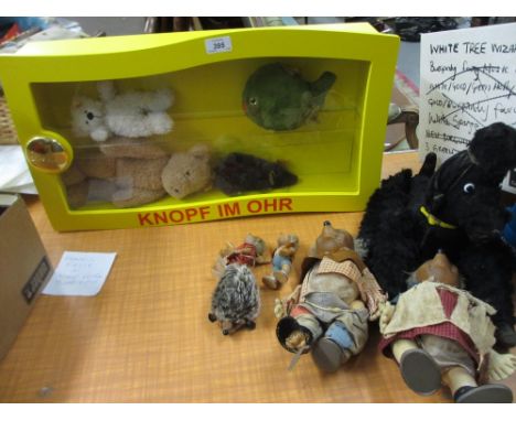 Steiff shop display cabinet together with ten various Steiff toys including Black Poodle, Ratty etc.