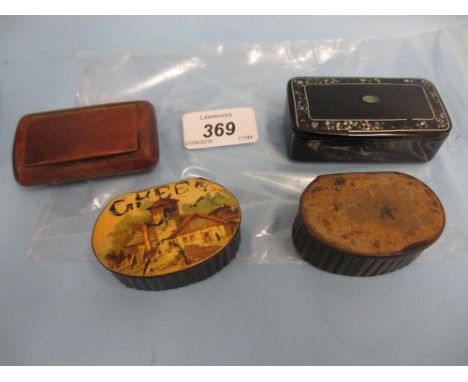 19th Century ebonised wooden mother of pearl and metal inlaid rectangular snuff box, another wooden snuff box and two other s