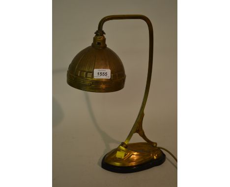 French Art Nouveau stylised gilt brass table lamp on Belgian slate plinth