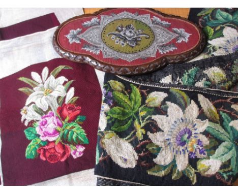 Victorian gros-point tapestry pelmet length, passion flowers, two tapestry chair covers and a bead work teapot stand