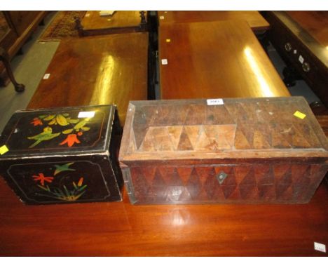Large parquetry inlaid tea caddy (a/f) together with a papier mache floral and bird decorated box