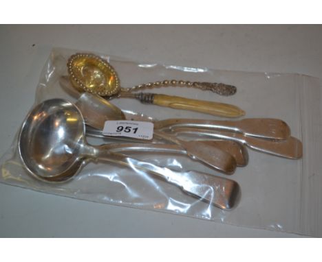 Victorian silver butter knife, Georgian silver butter knife, Georgian silver caddy spoon, two Fiddle pattern ladles with fami