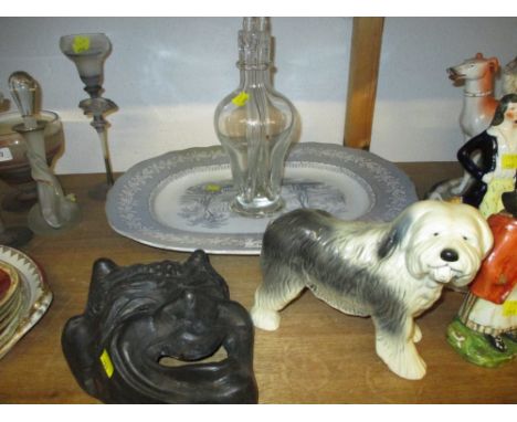 19th Century blue and white transfer printed meat plate, terracotta black painted wall mask, four division glass decanter and