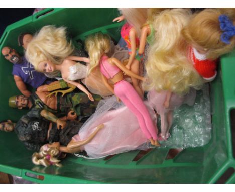Box containing a quantity of various Mattel, Barbie and Action Man figures and Disney dolls