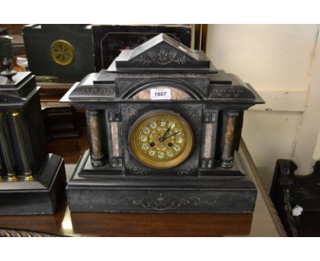 Large 19th Century black slate and marble mantel clock having circular gilt dial with Arabic numerals and two train movement 