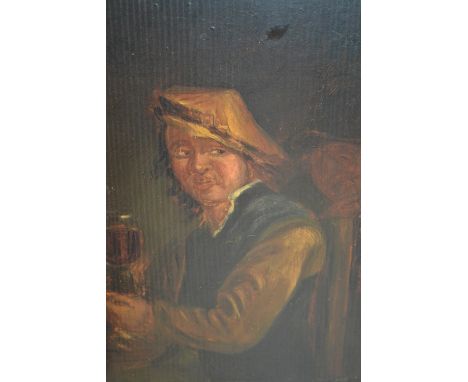 Unframed antique oil on panel, portrait of a Flemish gentleman with a glass of ale, unidentified seal marks verso, 12.5ins x 