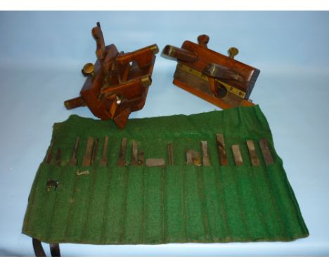 Antique wooden plough plane with bits together with a wooden sash  fillister plane