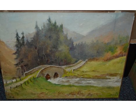 Box containing ten various oils on canvas and board, landscape, portrait and other scenes