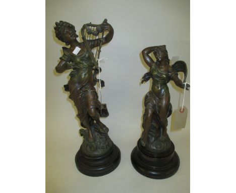 French painted spelter figure of a classical maiden with harp and another similar smaller