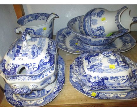 Large Copeland Spode blue and white transfer printed Italian pattern tureen, cover and stand with ladle, a similar smaller tu