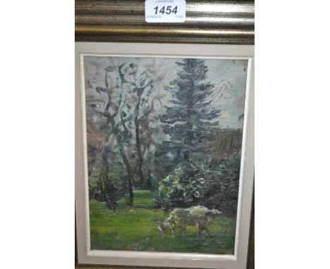 Oil on metal panel, landscape with lamb at the edge of a wood, portrait study verso, inscribed on frame plaque ' John Arnesby