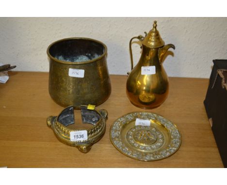 Victorian cast brass inkwell, an Eastern bangle and three other items of brass ware