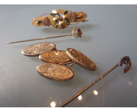 Pair of 9ct gold cufflinks, a Victorian gold bar brooch and two stick pins