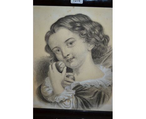 Late 19th Century head and shoulder white highlighted charcoal portrait of a young girl holding fruit, unsigned, 15ins x 14in