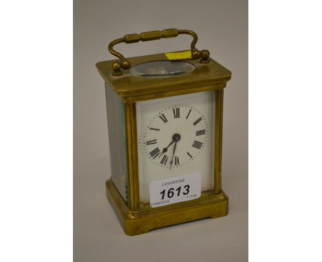 20th Century gilt brass carriage clock, the enamel dial with Roman numerals