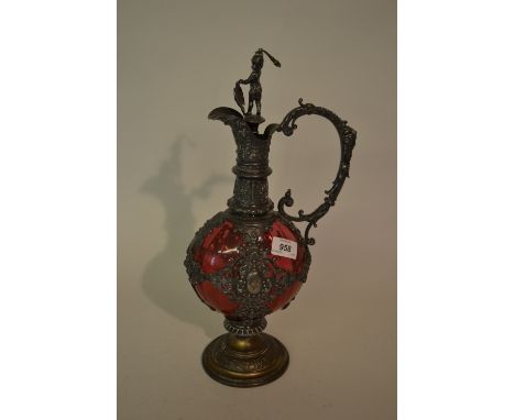 W.M.F. silver plate gilt and dark patinated metal mounted cranberry glass jug decanter with figural stopper