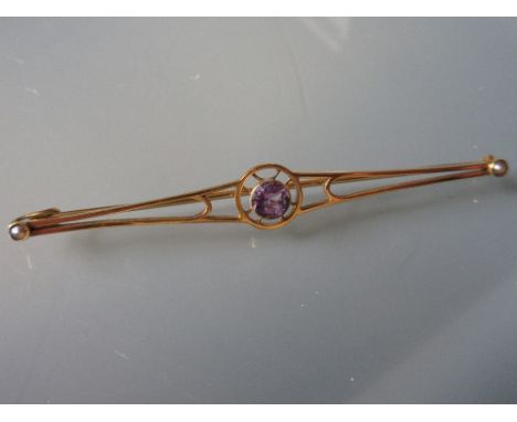 Amethyst and split pearl set bar brooch, boxed