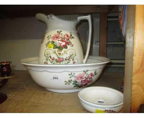 Early 20th Century Bristol pottery floral decorated jug and basin set with matching soap dish