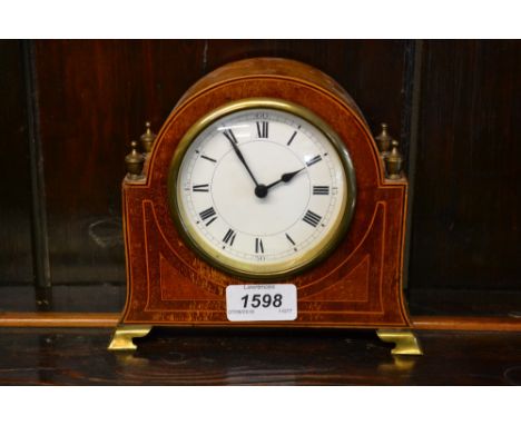 Small Edwardian mahogany and line inlaid mantel clock, together with a late Victorian carved oak barometer / thermometer