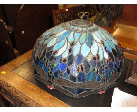Large good quality Tiffany style leaded glass Dragonfly pattern lamp shade inset with coloured cabochon glass, 24ins diameter