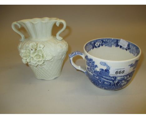 Continental bisque porcelain two handled floral encrusted vase together with an Adams Staffordshire blue and white transfer p