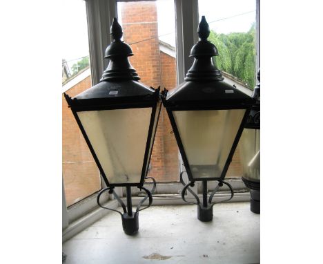 Pair of patinated copper street lantern heads by D.W. Windsor