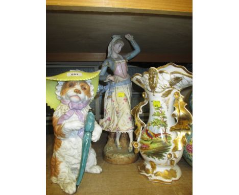 Continental porcelain figure of a dog sitting up wearing a hat and holding an umbrella (a/f) together with porcelain vase pai