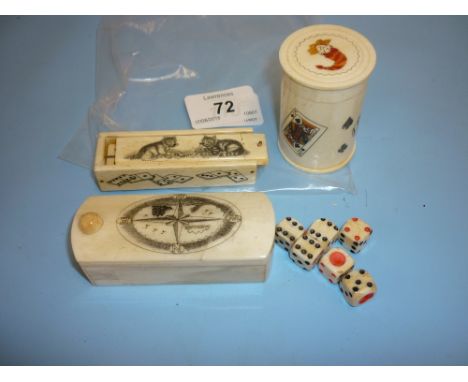 20th Century carved bone Scrimshaw work puzzle box, the lid decorated with a compass together with a similar miniature boxed 