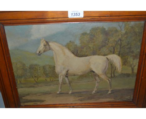 Framed oil, portrait of a white horse in a landscape, 11ins x 15ins