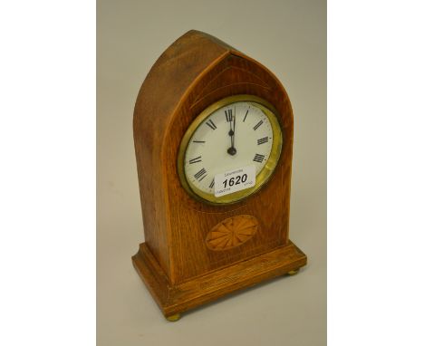 Edwardian mahogany line and lunette inlaid balloon shaped mantel clock with painted dial and Arabic numerals