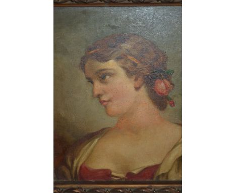 19th Century Italian school oil on canvas, head and shoulder portrait of a young lady with flower in her hair, 12ins x 10ins
