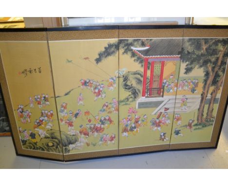 Modern Chinese four panel screen decorated with children at play together with a modern coloured print of geishas and a paste