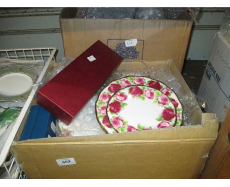 Box containing a quantity of various Royal Albert Country Rose pattern dinner ware including a teapot, sugar bowl and cream j