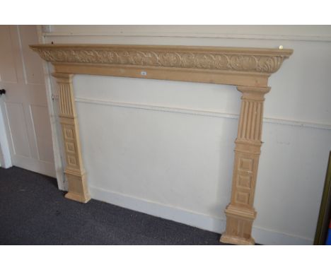 Large 19th Century pine fire surround with carved moulded mantel and reeded column supports