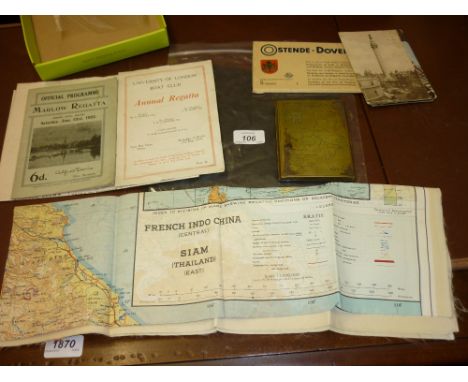 1946 British Occupation Zone brass cigarette case, French Indo China silk map and a small quantity of various ephemera