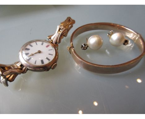 9ct Yellow gold bangle, ladies gold plated wristwatch and a pair of simulated pearl ear studs