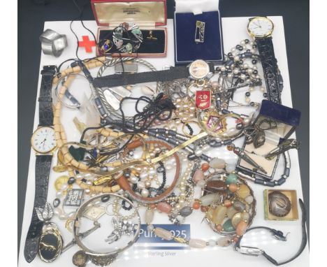 Collection of miscellaneous jewellery to include:watches silver and other, brooches, hardstone and other necklaces, Scottish 