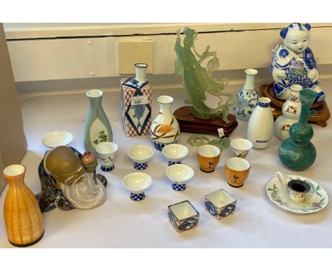Collection of oriental ware to include Jade sculpture (A/F)oriental vases and small green glass vase 
