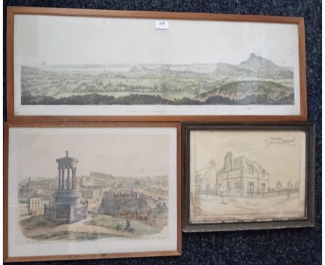 3 Artworks;M. Stewart - Coloued engraving ''View from the top of Blackfort Hill looking from the North, dated 1820.J.W. Warbr