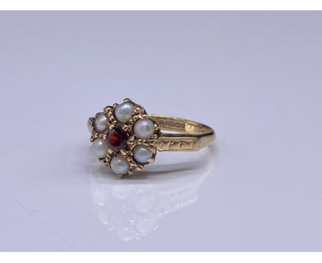 9ct gold seed pearl and garnet cluster ring Ring size - K/LWeight - 2.28g 