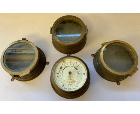 Marine bulkhead barometer by Simpson-Lawrence Ltd Glasgow, together with 3 brass bulkhead  clock/barometer empty casings 