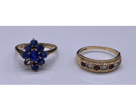 9ct Gold ring set with blue stones, size J/K [One Stone Missing] [2g] with 9ct gold ring set with Garnet and Clear stones siz