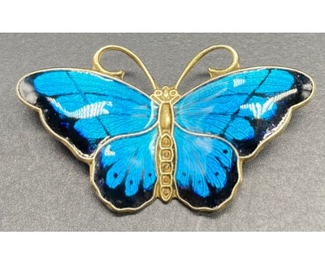 HROAR PRYDZ' BUTTERFLY BROOCH, a silver brooch with light and dark blue enamel detail, fitted with a silver pin and safety cl