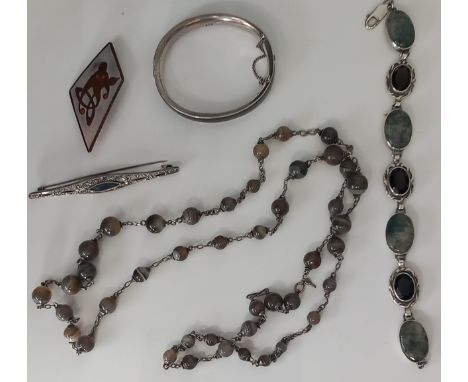 Scottish Moss agate and cairngorm set bracelet: a banded agate long necklace; a Danish silver and paste sapphire and brillian