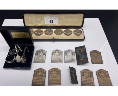 Cased set of Art Nouveau buttons, Japanese style motifs; a pair of silver dress hooks; a Danish silver brooch, Gothic initial